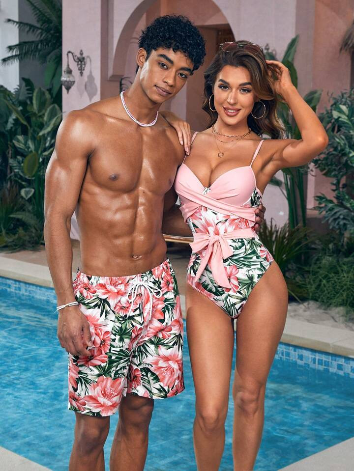 Manfinity Swimmode Men's Tropical Flower Print Beach Shorts | SHEIN