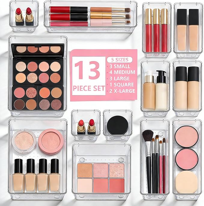 13 Pcs Makeup Drawer Organizer Set, 5 Sizes Versatile Vanity Drawer Organizer for Makeup, Non-Sli... | Amazon (US)