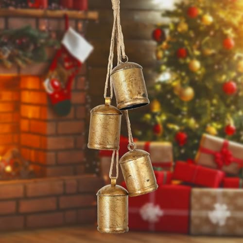 4 Pcs Christmas Cow Bells, Large Vintage Gold Cowbells Decor with Jute Hanging Rope Decorative Bells for Home Door Knob Christmas Tree Garland Wreath Staircase Xmas Fireplace Decorations | Amazon (US)