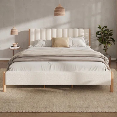 Luxurious Boucle Upholstered Bed Frame with Thick Headboard and Solid Wooden Legs for Elegant Comfort and Durability | Wayfair North America