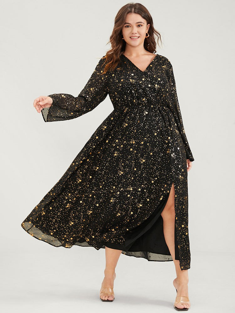 Star Split Button Bell Sleeve Flutter Hem Wrap Maxi Dress | Bloomchic