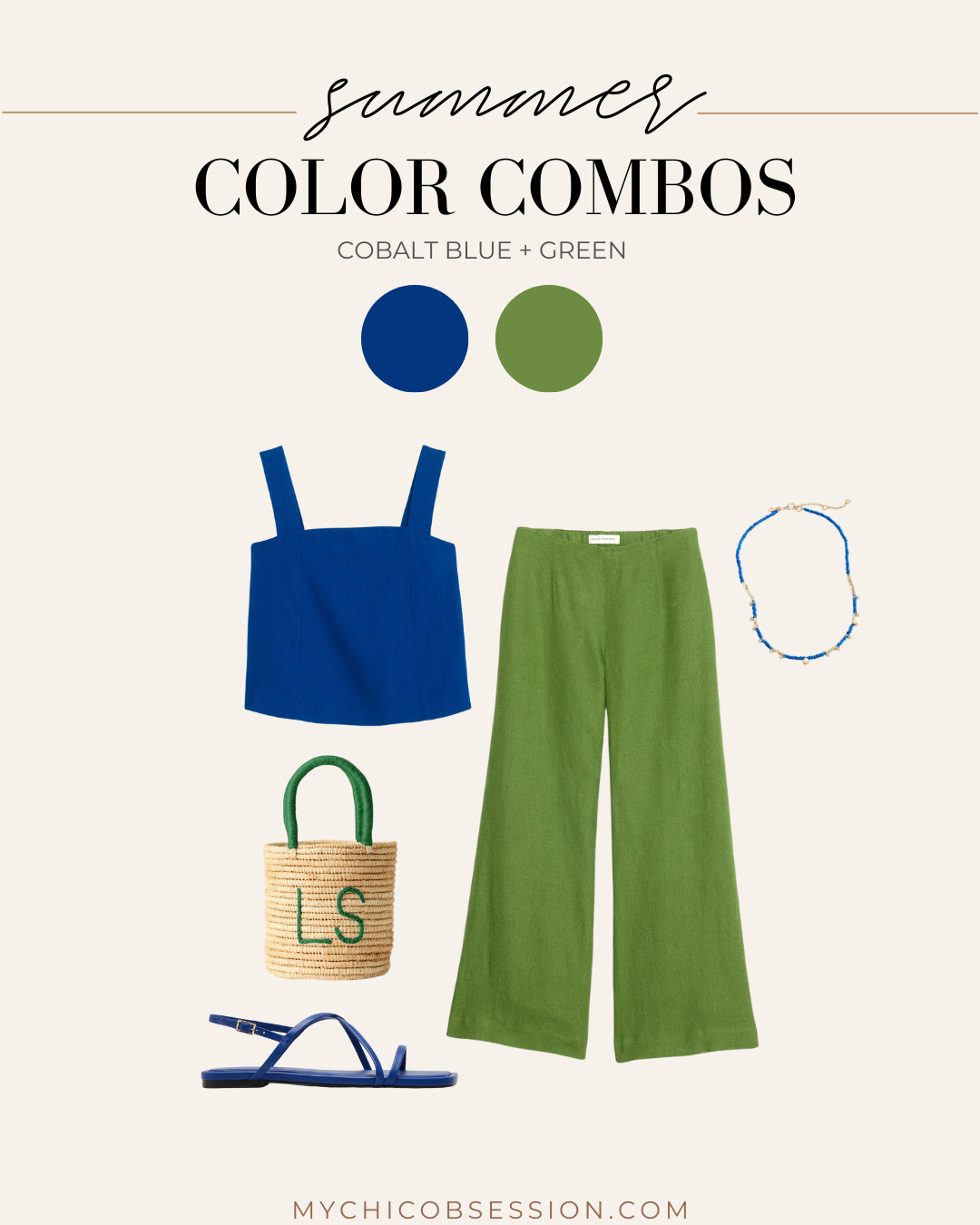 Lean into the bright colors of summer with cobalt blue and green. Pair these two shades together for a chic summer outfit with breezy pants, a tank top, a straw tote, sandals and a blue beaded necklace. 

 #LTKSeasonal #LTKStyleTip #LTKShoeCrush