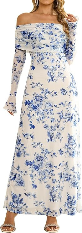 KUTUMAI Women Off Shoulder Bodycon Maxi Dress Long Sleeve Mesh Ruched Party Formal Wedding Guest ... | Amazon (US)