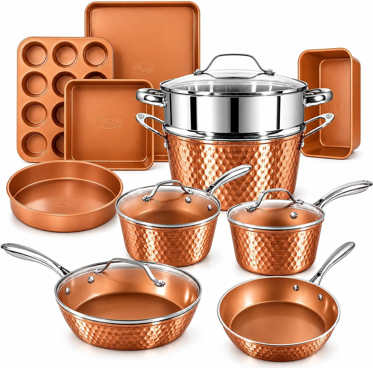 Gotham Steel Hammered 15 Pc Pots and Pans Set Nonstick Cookware Set, Ceramic Cookware Set + Bakeware Set, Ceramic Pans for Cooking Non Toxic, Induction Cookware Set for Kitchen, Oven / Dishwasher Safe | Amazon (US)