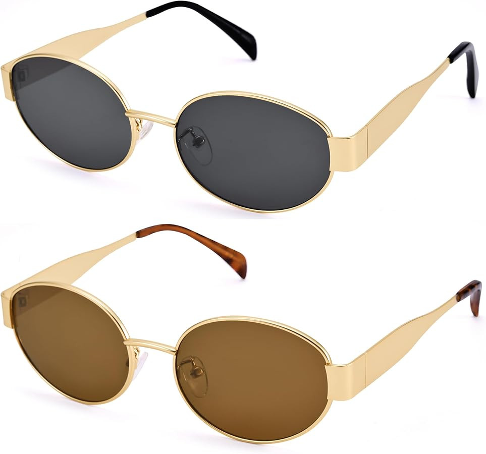 Retro Oval Sunglasses for Women Men - Trendy Gold Sun Glasses - Fashion Metal Frame Shades | Amazon (US)