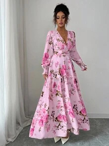 Elenzga Women's Ditsy Floral Ruched Lantern Sleeve Midi Dress, Romantic French Design, Flattering... | SHEIN