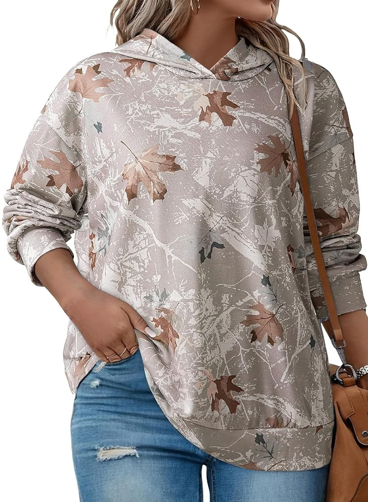 AlvaQ Plus Size Sweatshirt for Women Oversized Hoodie Fall Maple Leaf Print Pullover Hooded Tops ... | Amazon (US)