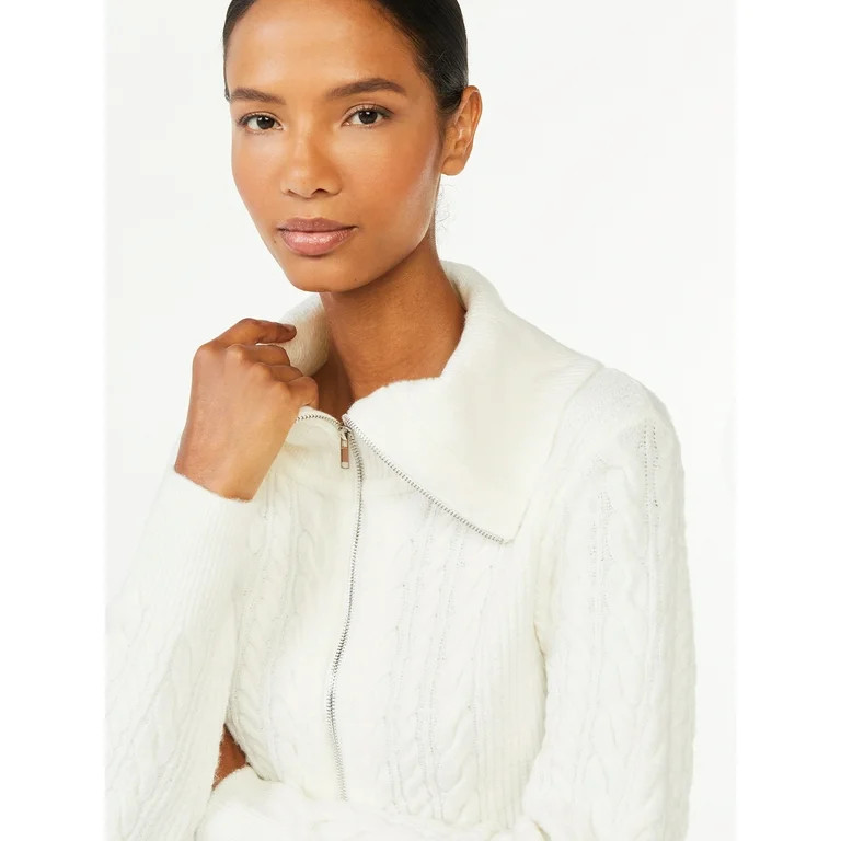 Scoop Women's Zip Front Cable Knit Sweater | Walmart (US)