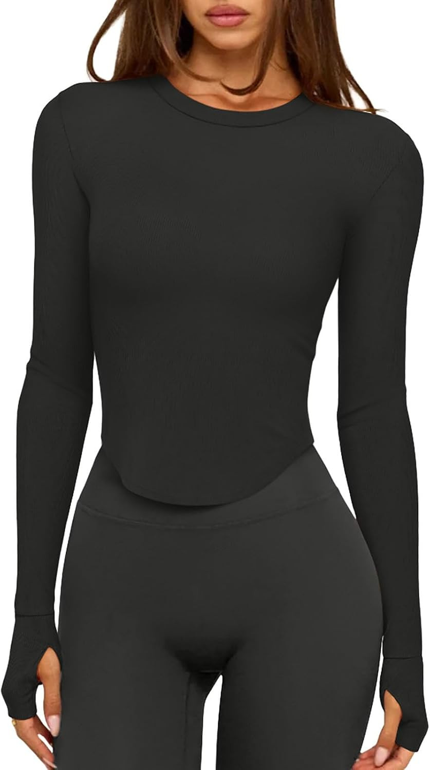 LASLULU Womens Long Sleeve Workout Crop Tops Crew Neck Ribbed Yoga T-Shirts | Amazon (US)