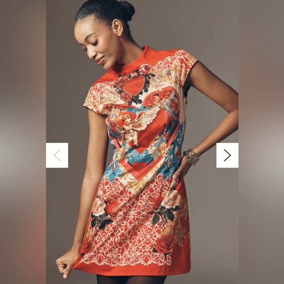 Anthropologie Maeve Heart-Back Mock-Neck A-Line Mini Dress Small Red Pattern NWT | Poshmark