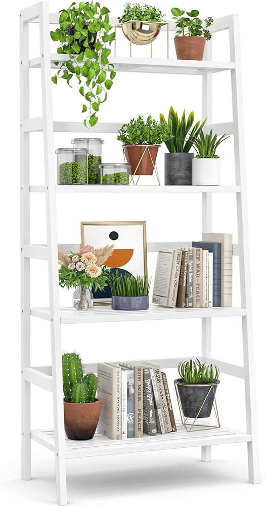 Amazon.com: Homykic Ladder White Bookshelf, 4-Tier Bamboo Ladder Shelf 49.2” Book Shelf Bookcas... | Amazon (US)