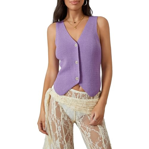 Women Knit Vest Top Sleeveless Button Up Crochet Top Y2K Fashion Going Out Crop Sweater Vest Summer Streetwear (Purple, L) | Amazon (US)