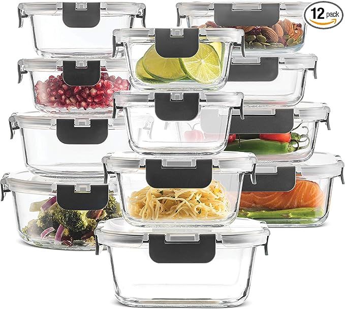 24-Piece Superior Glass Food Storage Containers Set - Newly Innovated Hinged BPA-free Locking lid... | Amazon (US)