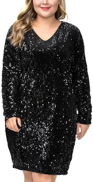 Henly Women's Plus Size Sequin Glitter Dress V Neck Bodycon Party Club Cocktail Evening Mini Dres... | Amazon (US)