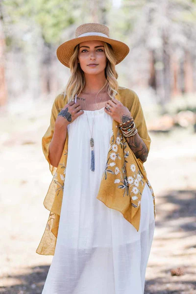 Summer Daisies Woven Kimono - Mustard | Three Bird Nest
