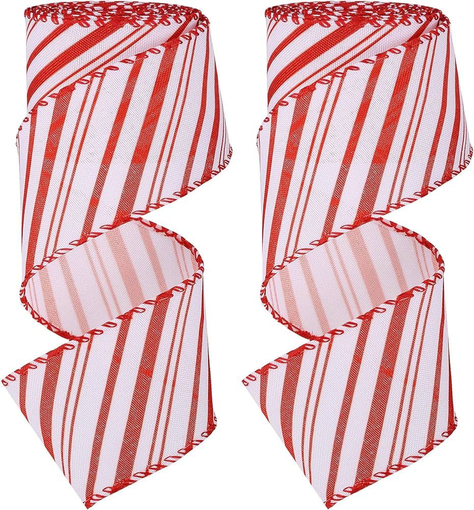2 Rolls Christmas Peppermint Stripe Ribbon Red and White Wired Ribbon Christmas Candy Wrapping Ri... | Amazon (US)