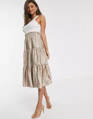 ASOS DESIGN satin tiered midi skirt in beige | ASOS (Global)