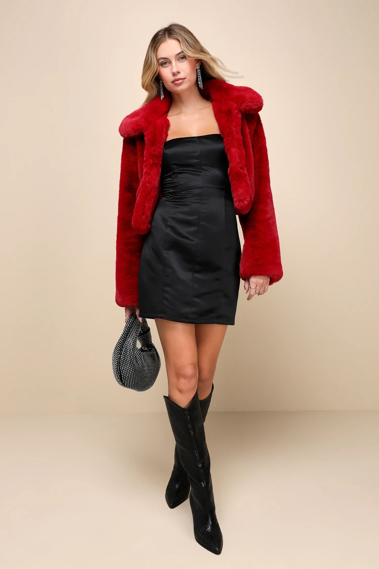 Lavish Attitude Red Faux Fur Collared Cropped Jacket | Lulus (US)