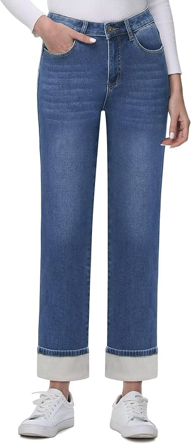 KDF Women's Fleece Lined Jeans Women Straight Leg Winter Fleece Lined Pants High Waist Lined Jean... | Amazon (US)