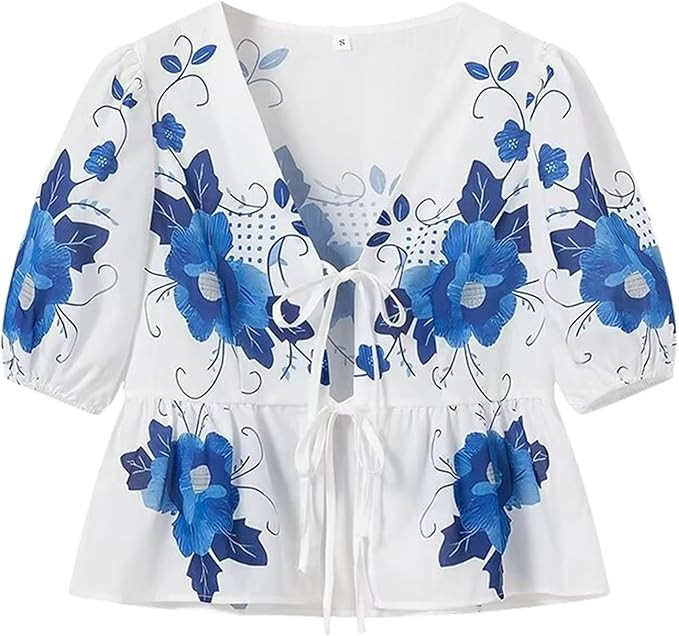 Yimoon Women's Y2K Bow Tie Front Babydoll Blouse Puff Short Sleeve Peplum Ruffle Hem Summer Going... | Amazon (US)