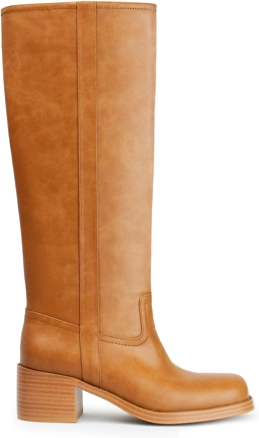 Women's Banana Knee High Boots Square Toe Chunky Block Heel Comfortable Low Heel Pull on Wide Calf Riding Long Boots for Women | Amazon (US)