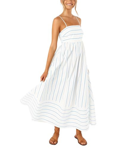 chouyatou Women's Striped Back Smocked Maxi Dress Sexy Spaghetti Strap Cut Out Flowy Swing Long Dress (Large, Blue White) | Amazon (US)