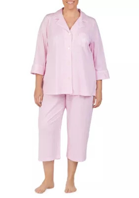 Lauren Ralph Lauren Women's Plus Size 3/4 Sleeve Classic Notch Collar Capri Pajama Set, Pink, 3X | Belk