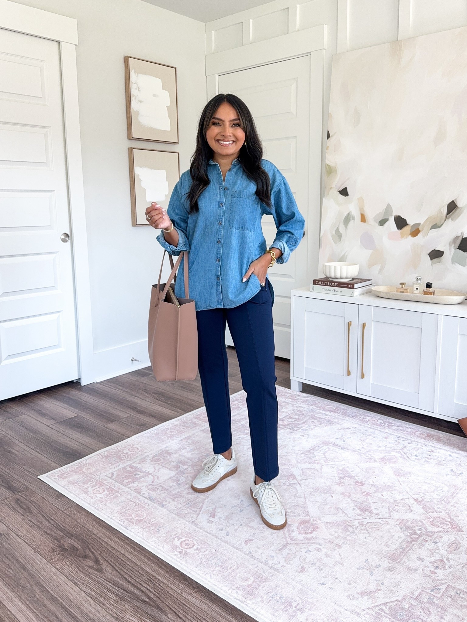 Denim chambray button down size xxs petite TTS
Navy pants size xs petite TTS
Sneakers size 6 TTS - color ecru mesh


#LTKPetite #LTKWorkwear #LTKSaleAlert