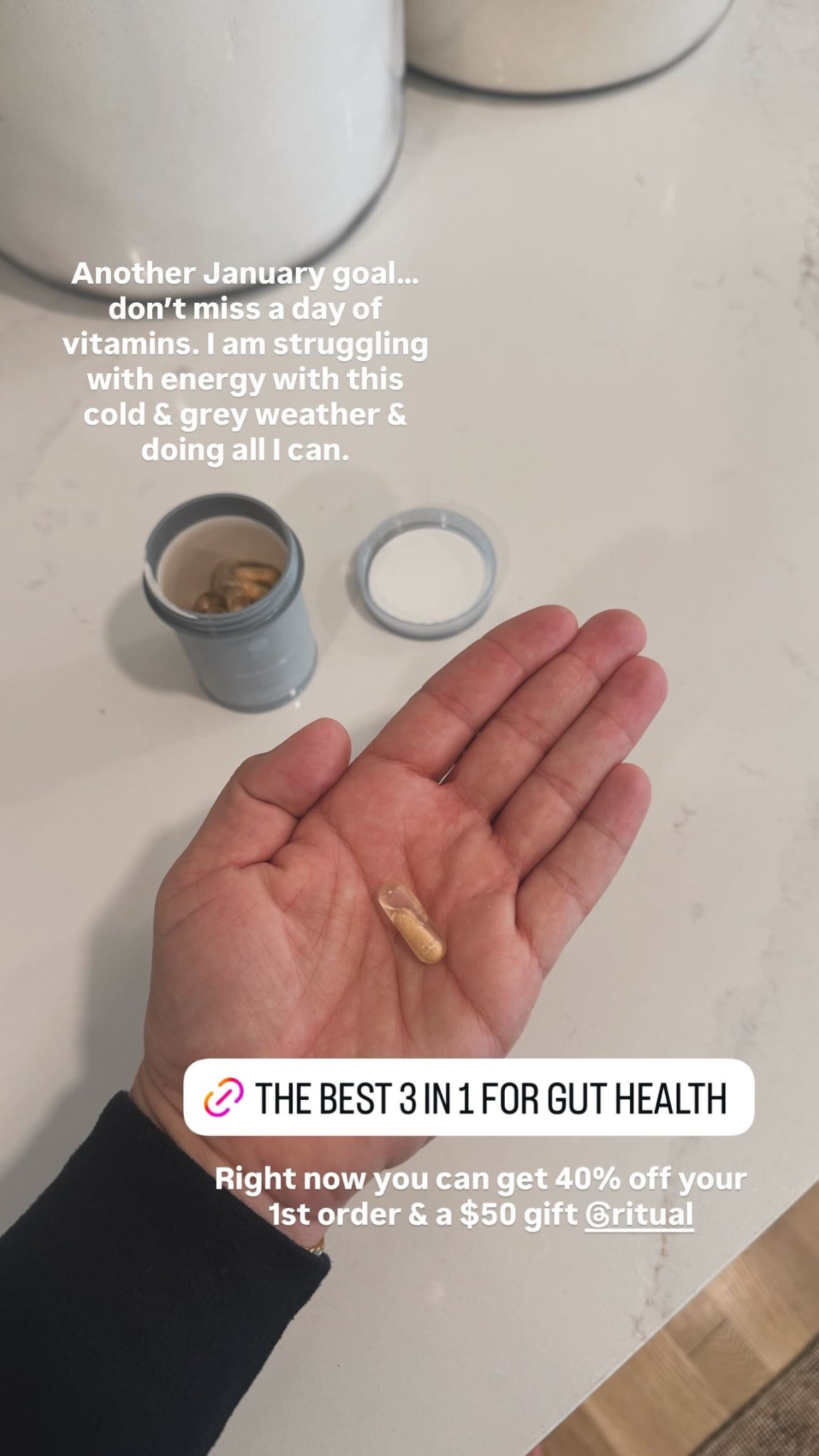 Another January goal… don’t miss a day of vitamins. I am struggling with energy with this cold & grey weather & doing all I can.  Right now you can get 40% off your 1st order & a $50 gift @ritual 

 