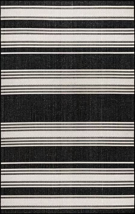 Black Romy Striped Indoor/Outdoor 6' 7" x 9' Area Rug | Rugs USA