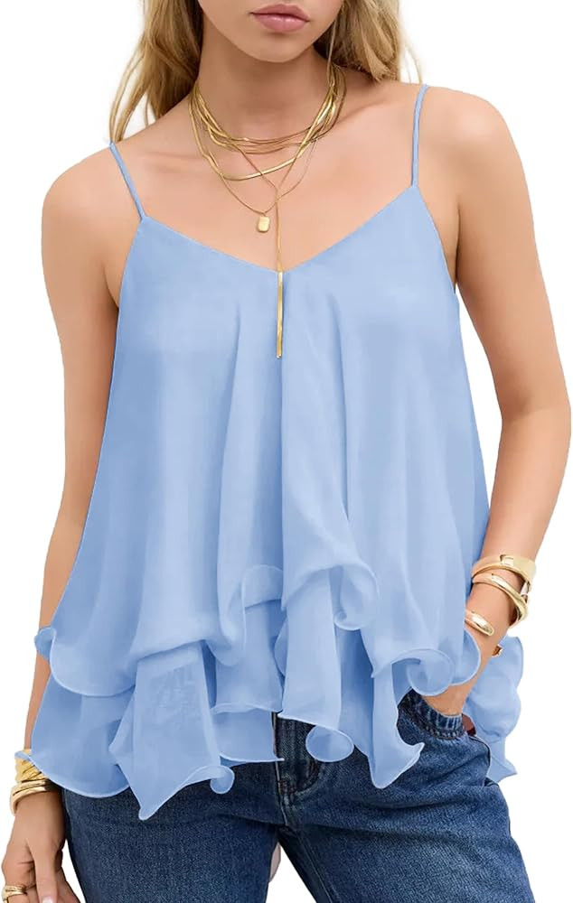 Hixiaohe Women Camisole Tops Summer Flowy Ruffle Babydoll Tank Top Adjustable Spaghetti Strap Sleeveless Shirt Chiffon Blouse | Amazon (US)