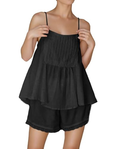 Xfileen Womens Summer 2 Piece Set Sleeveless Tie Straps Ruffle Trim Top and Shorts Sets Soft Cozy Pajamas Set | Amazon (US)