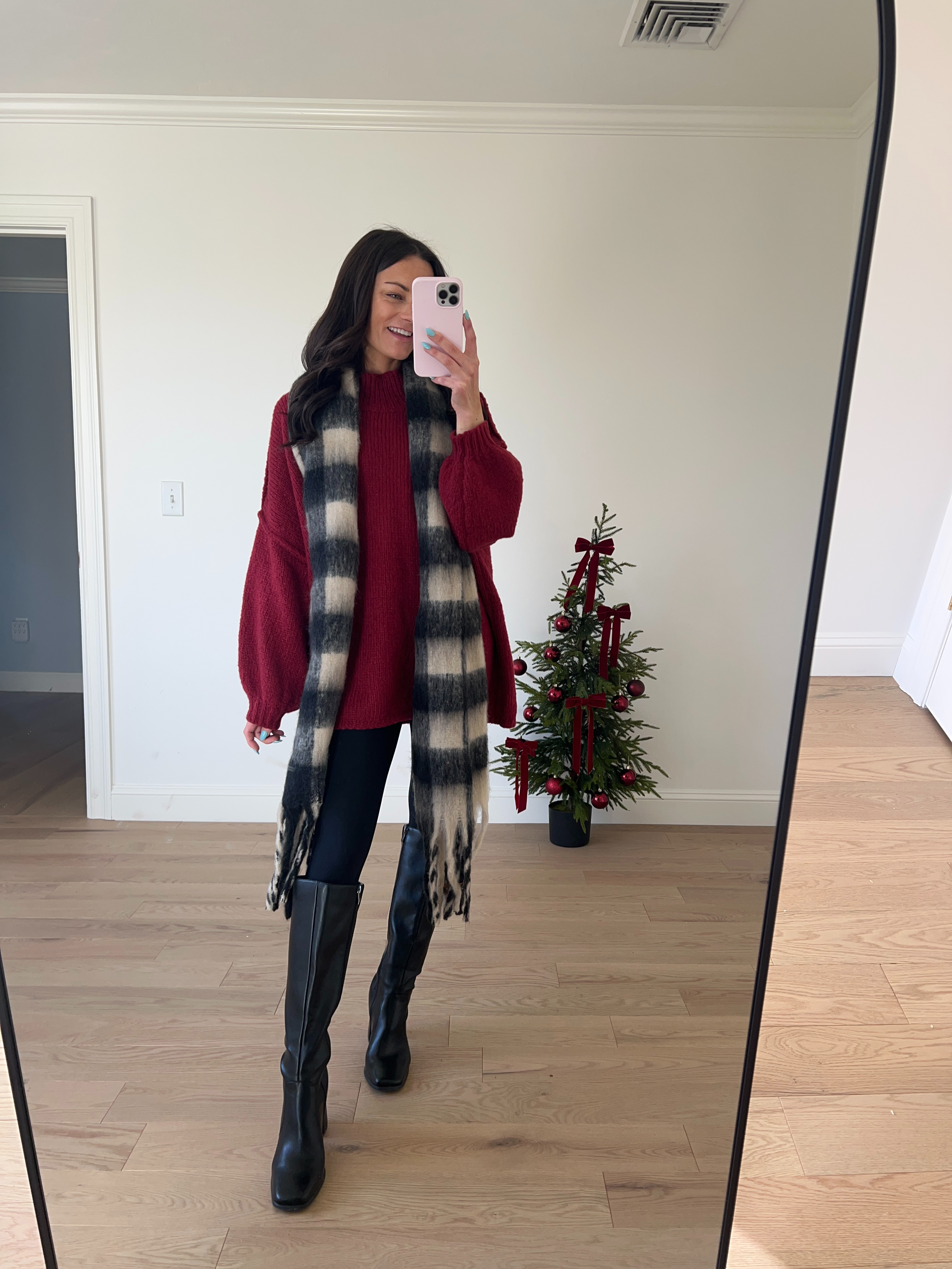 Today's casual comfy winter outfit! Sweater in S, leggings in S, boots true to size. Oversized turtleneck sweater/faux leather leggings/black knee high boots/scarf. 
 

 #LTKPetite #LTKFindsUnder100