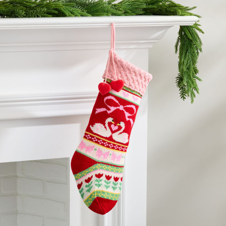 Pink Knit Swans and Hearts Christmas Stocking | World Market