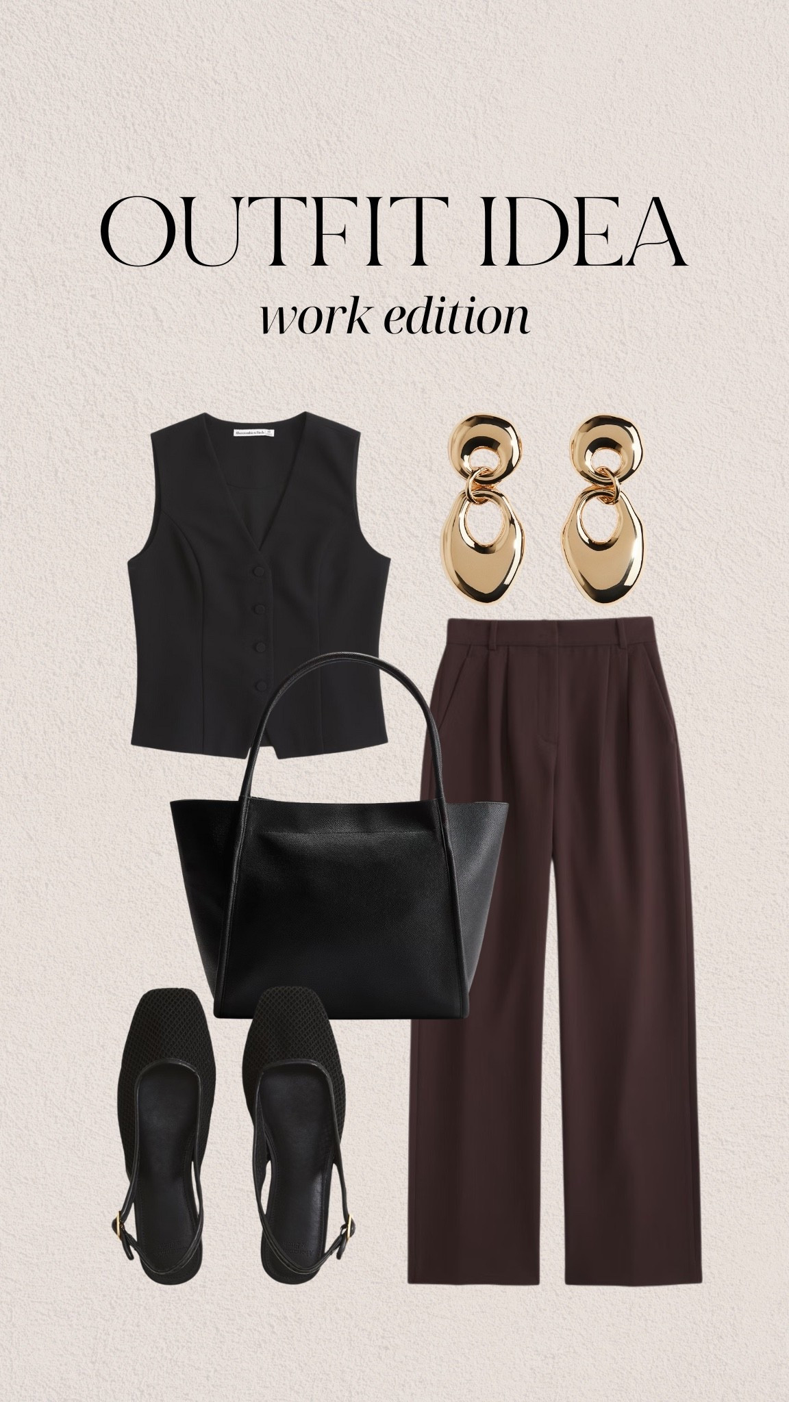 Outfit idea for work! 🤎

Trousers, pants, work, office wear, vest, work tote, black purse, slingbacks, flats, ballets, gold earrings, brown, black 

#LTKFindsUnder100 #LTKWorkwear #LTKStyleTip
