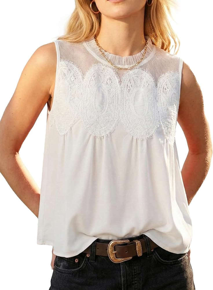 Funlingo Womens Lace Tank Top Sleeveless Flared Mesh Swing Blouse Dressy Casual Babydoll Shirts E... | Amazon (US)