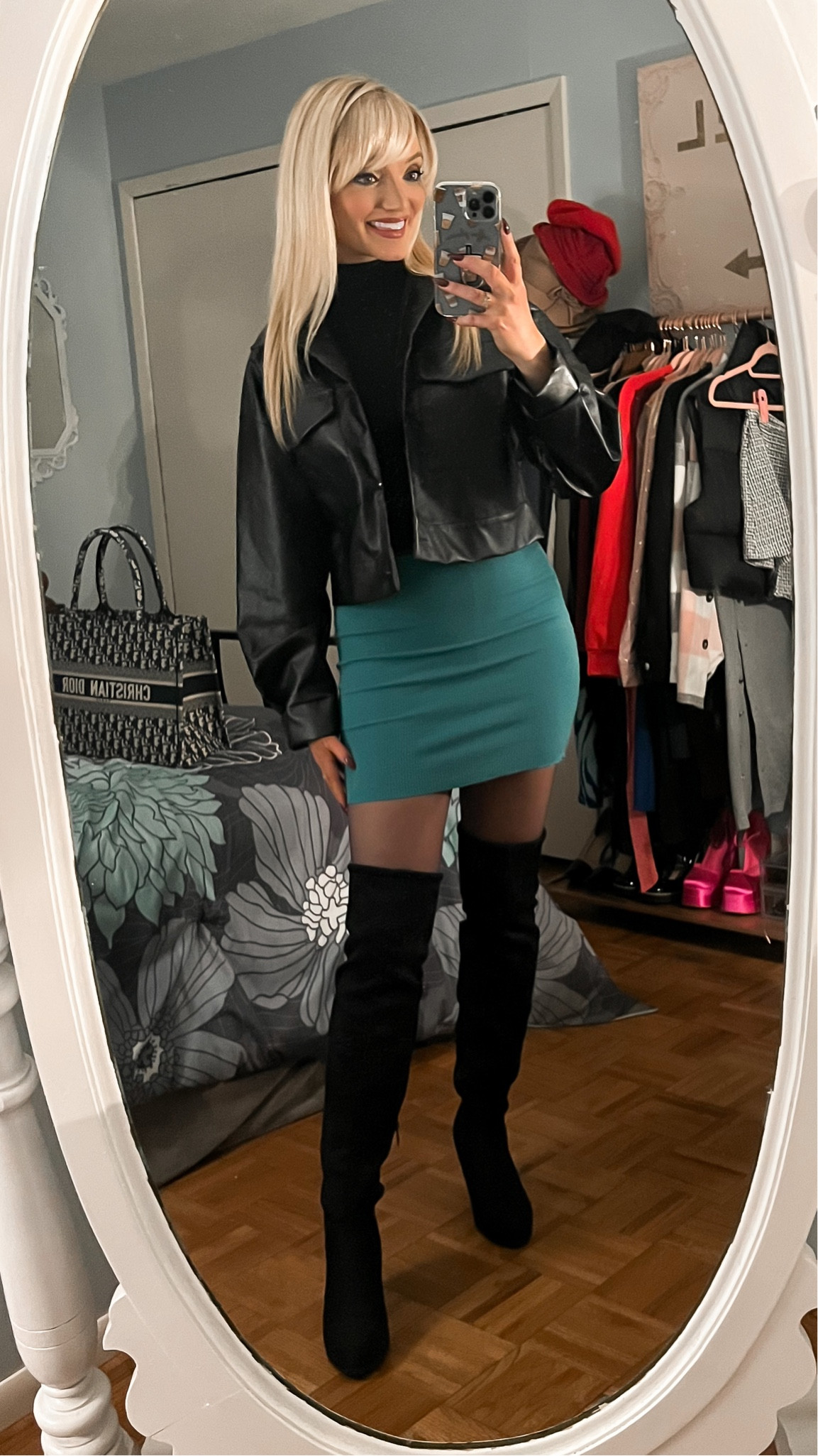Teal mini skirt - crop mock neck top - boxy cropped moto jacket - over the knee boots - Shein - trendy outfit - date night outfit - Amazon Fashion - Amazon Finds - Amazon Favorites - Amazon deals 

#LTKsalealert #LTKSeasonal #LTKshoecrush