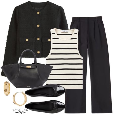 Black tweed jacket with gold buttons, tailored trousers, stripe vest top, ballet pumps, Demellier tote bag & gold hoop earrings.
Work outfit, office outfit, smart casual.

#LTKshoecrush #LTKstyletip #LTKworkwear