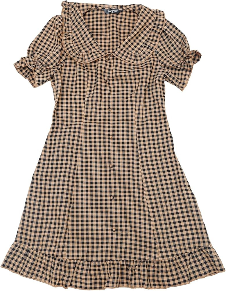 Allegra K Women's Gingham Checks Ruffled Peter Pan Collar 1960s Mini Dress | Amazon (US)