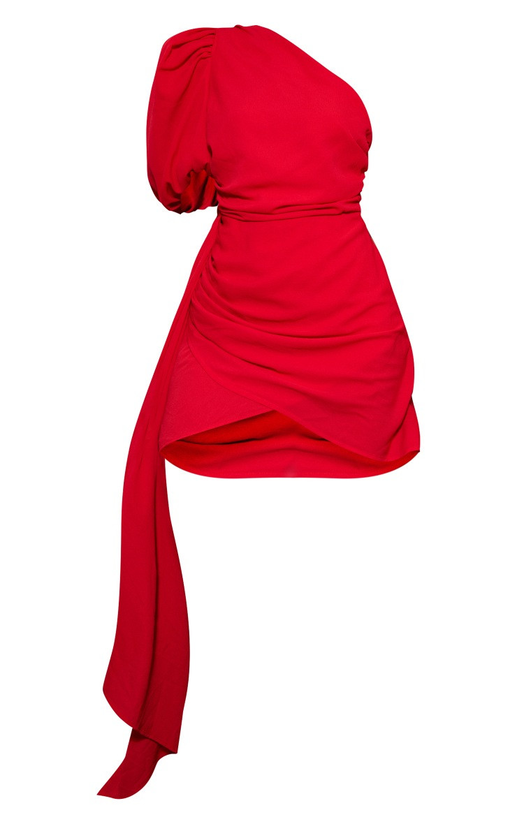 Red One Shoulder Puff Sleeve Draped Bodycon Dress | PrettyLittleThing US