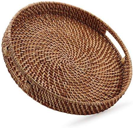 Round Rattan Woven Serving Tray with Handles Ottoman Tray for Breakfast, Drinks, Snack for Coffee... | Amazon (US)