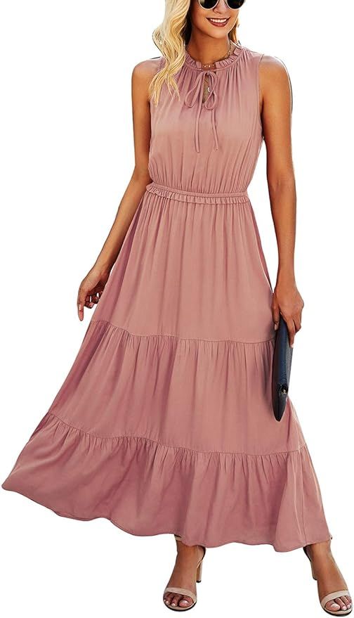 KIRUNDO 2023 Summer Women's Sleeveless Maxi Dress Solid Tie Neck Dress High Waist Ruffle Hem Flor... | Amazon (US)