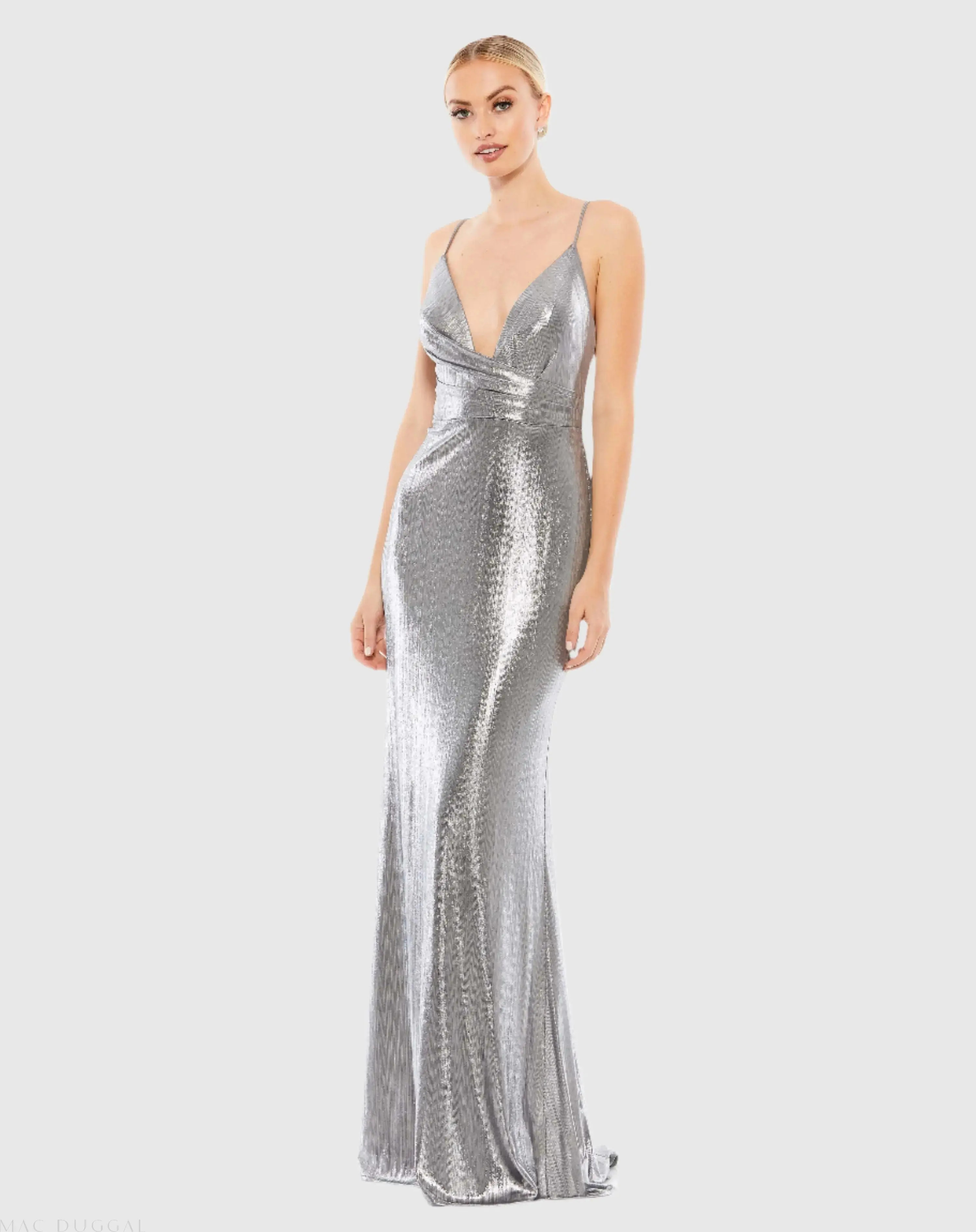 Silver Metallic Faux Wrap Spaghetti Strap Gown - Mac Duggal | Mac Duggal