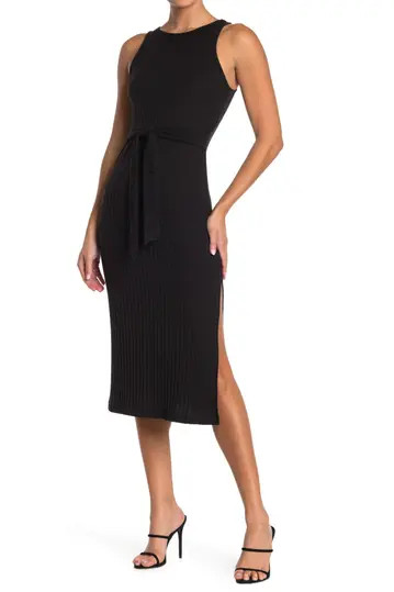 Ribbed Tie Waist Slit Midi Dress | Nordstrom Rack