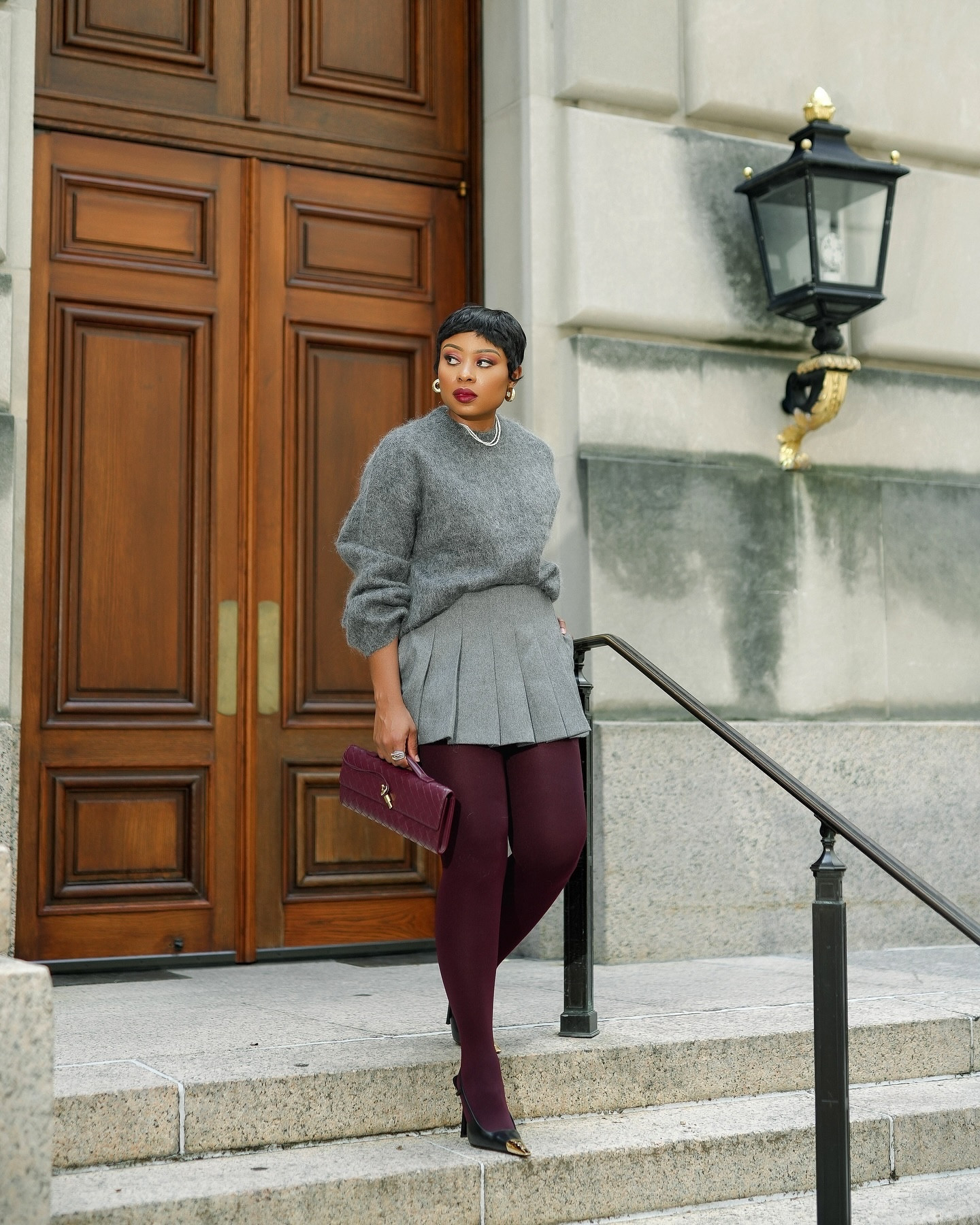 Fall layers never looked so chic 🍂🍁 Loving the mix of textures with this cozy knit and pleated mini skirt combo. Rich burgundy tights add the perfect pop of color to elevate the neutral tones. How are you styling your fall looks this season?

Comment SHOP below to receive a DM with the link to shop this post on my LTK ⬇ https://liketk.it/4U4Sr 

Burgundy tights, pleated mini skirt, ysl pumps, Bottega andiamo clutch
#FallFashion #CozyChic #StyleInspiration