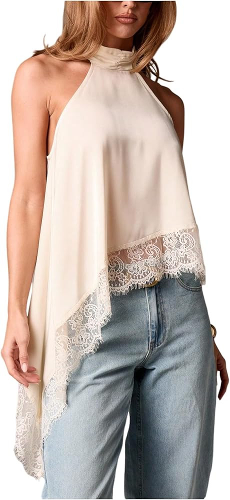 SweatyRocks Women's Lace Patchwork Asymmetrical Halter Top Dressy Sleeveless Flowy Tank Tops | Amazon (US)