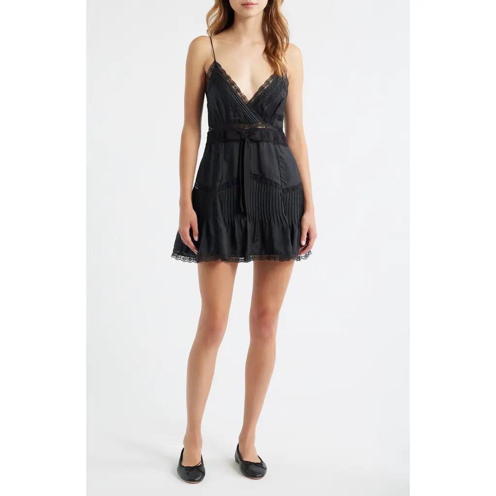 LoveShackFancy Sibelle Pleated Bodice Lace Inset Silk Minidress in Black at Nordstrom, Size 00 | Nordstrom