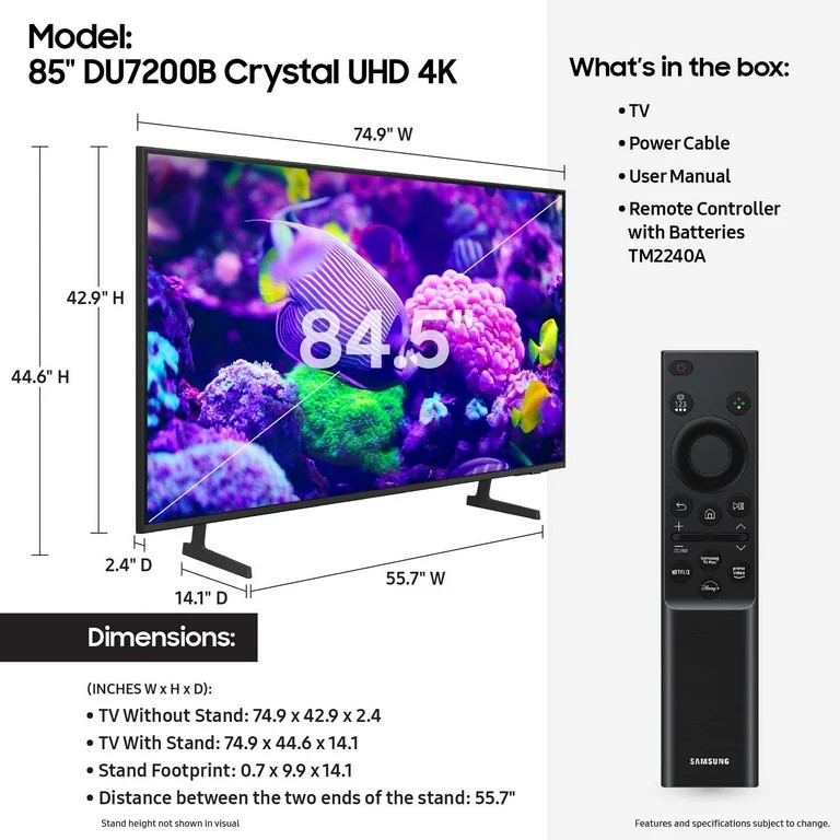 SAMSUNG 85” Class DU7200B Crystal UHD 4K Smart TV UN85DU7200BXZA 2024 | Walmart (US)