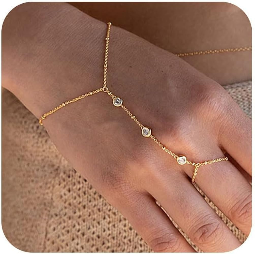 FRG Hand Chain Bracelet 14K Plated Gold Bracelet Stack Finger Ring for Women Adjustable Rhineston... | Amazon (US)