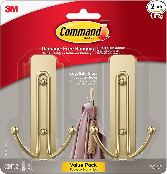 Command Large Satin Brass Double Hooks, 2 Coat Hooks and 2 Command Strips, Damage-Free Hanging wi... | Amazon (US)